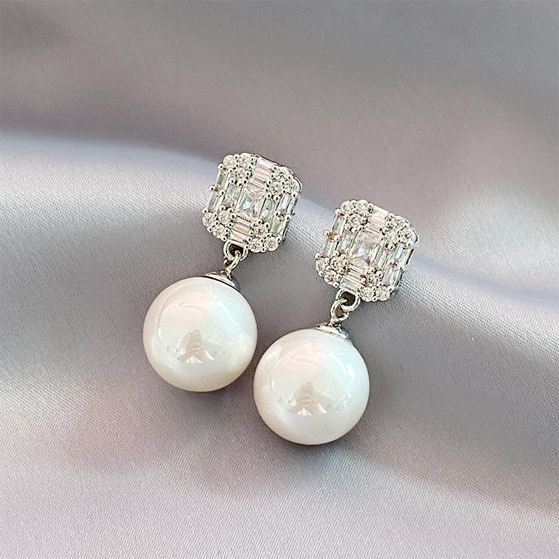 Gold Tone Pearl Drop Earrings | Shiny Crystal Pendant Jewelry