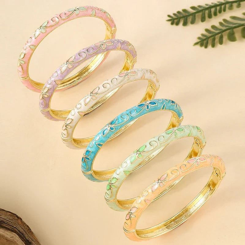 FTCY Four-Leaf Clover Enamel Bangle | Gold Plated Bohemian Bracelet for Women