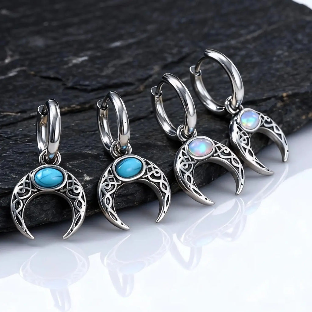 Vintage Moon Earrings for Men | Green Stone Stainless Steel Hoop Jewelry