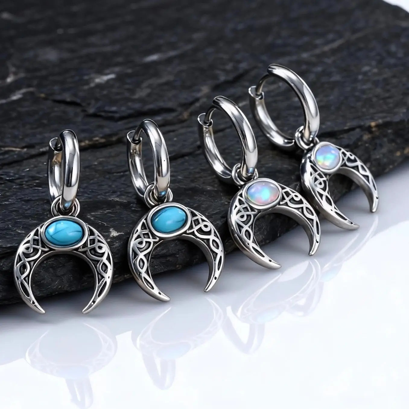 Vintage Moon Earrings for Men | Green Stone Stainless Steel Hoop Jewelry