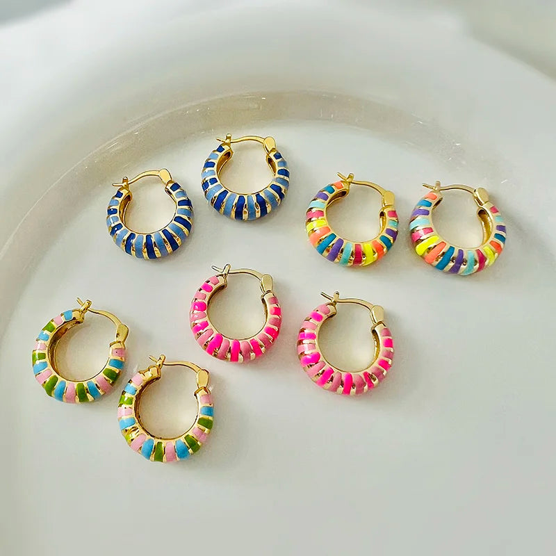 Enamel Drip Earrings with Stripes and Circles | Trendy Hoop Earrings for Women