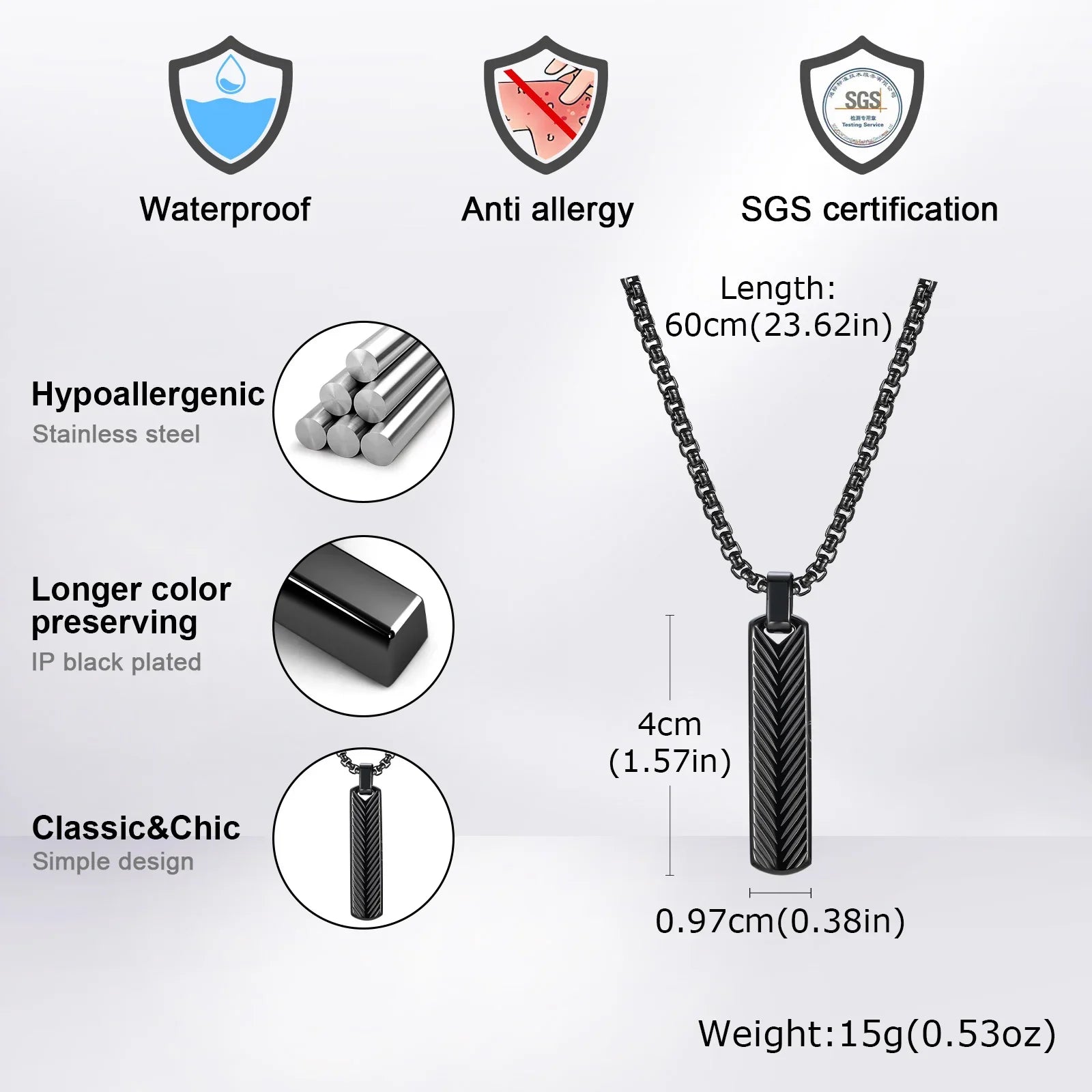 Vnox Stainless Steel Vertical Bar Pendant Necklace for Men | Black Silver Metal Collar Jewelry