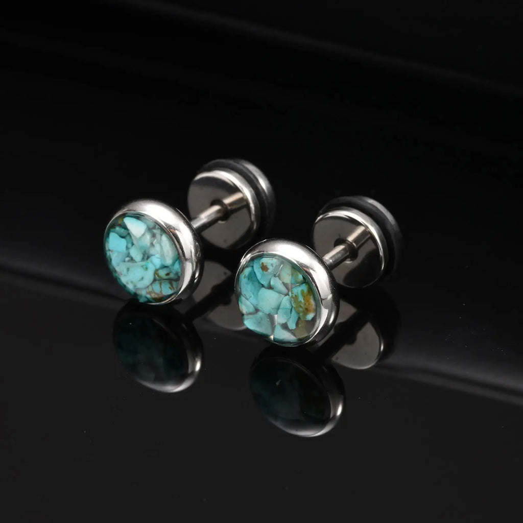 Natural Stone Stud Earrings for Men | Stainless Steel Plated Round Earring Gift
