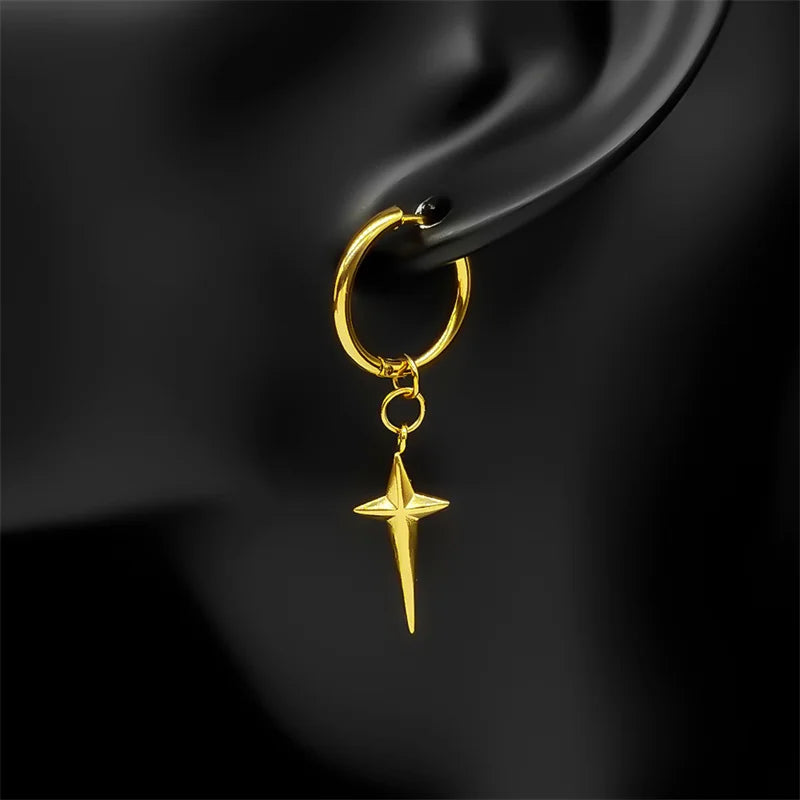 Stainless Steel Star Cross Hoop Earrings | Punk Kpop Y2K Drop Earrings for Women