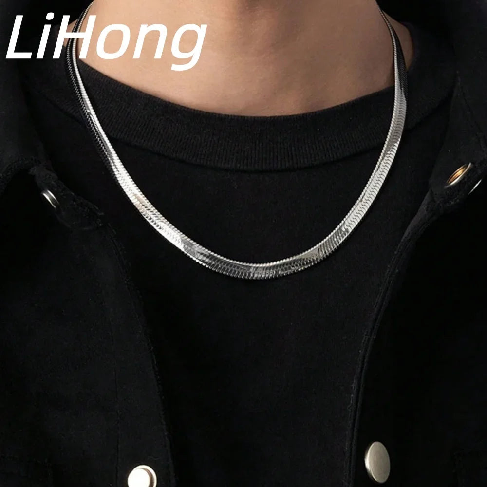 925 Sterling Silver Snake Blade Flat Necklace | Flat Clavicle Chain for Men and Women
