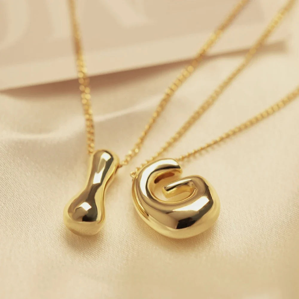 Golden Initial Necklace | Chunky Bubble Letter Pendant for Women