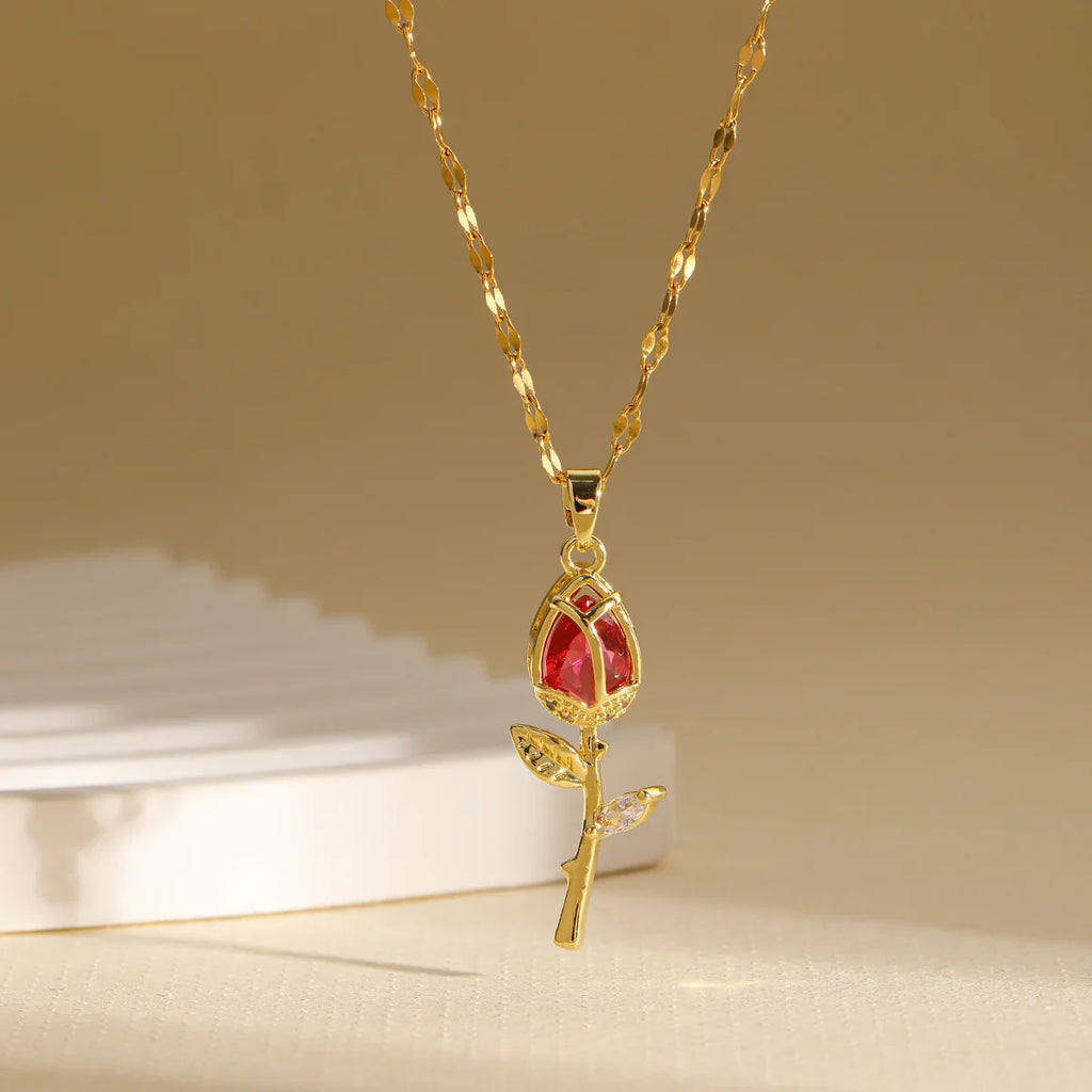 Elegant Pink Rose Flower Pendant Necklace | Light Luxury Zircon Jewelry Gift