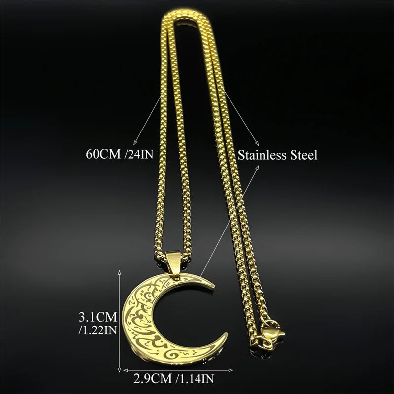Crescent Moon Islamic Muslim Pendant Necklace | Stainless Steel Gold Color Arabic Quran Chain Amulet Jewelry Gift for Men Women