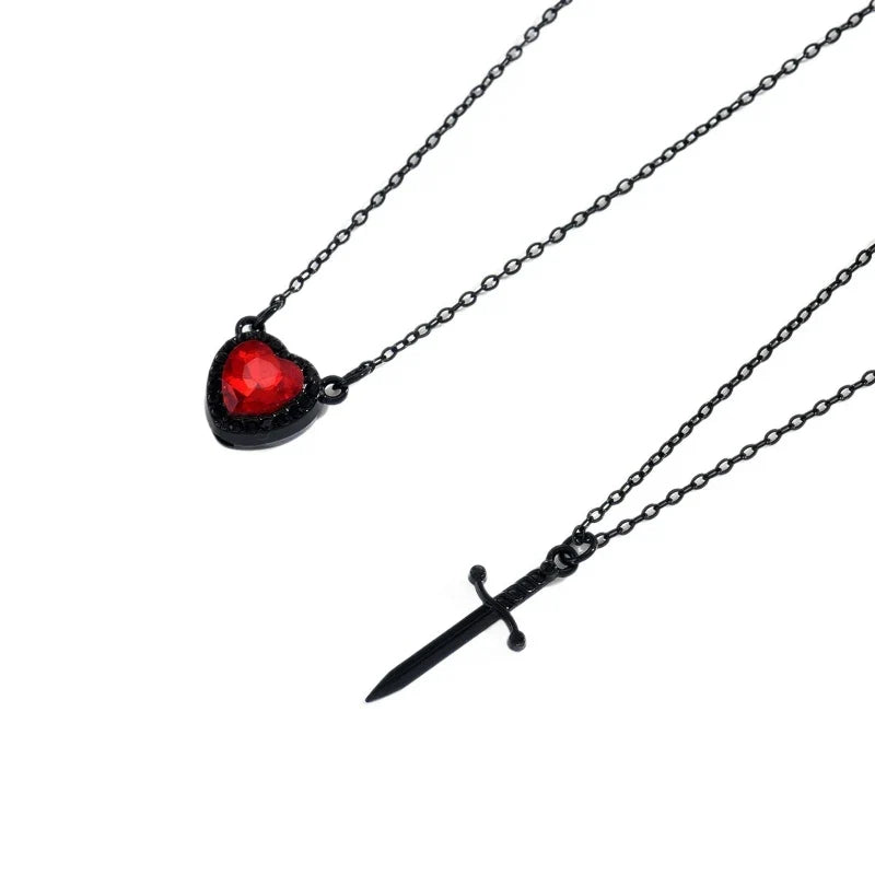 Gothic Sword and Heart Pendant Necklace Set | 2-Piece Gothic Jewelry for Halloween