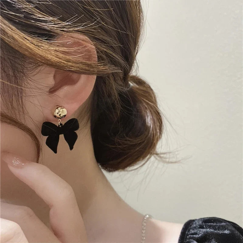 Vintage Black Flocking Bowknot Earrings | Geometric Drop Earrings for Women