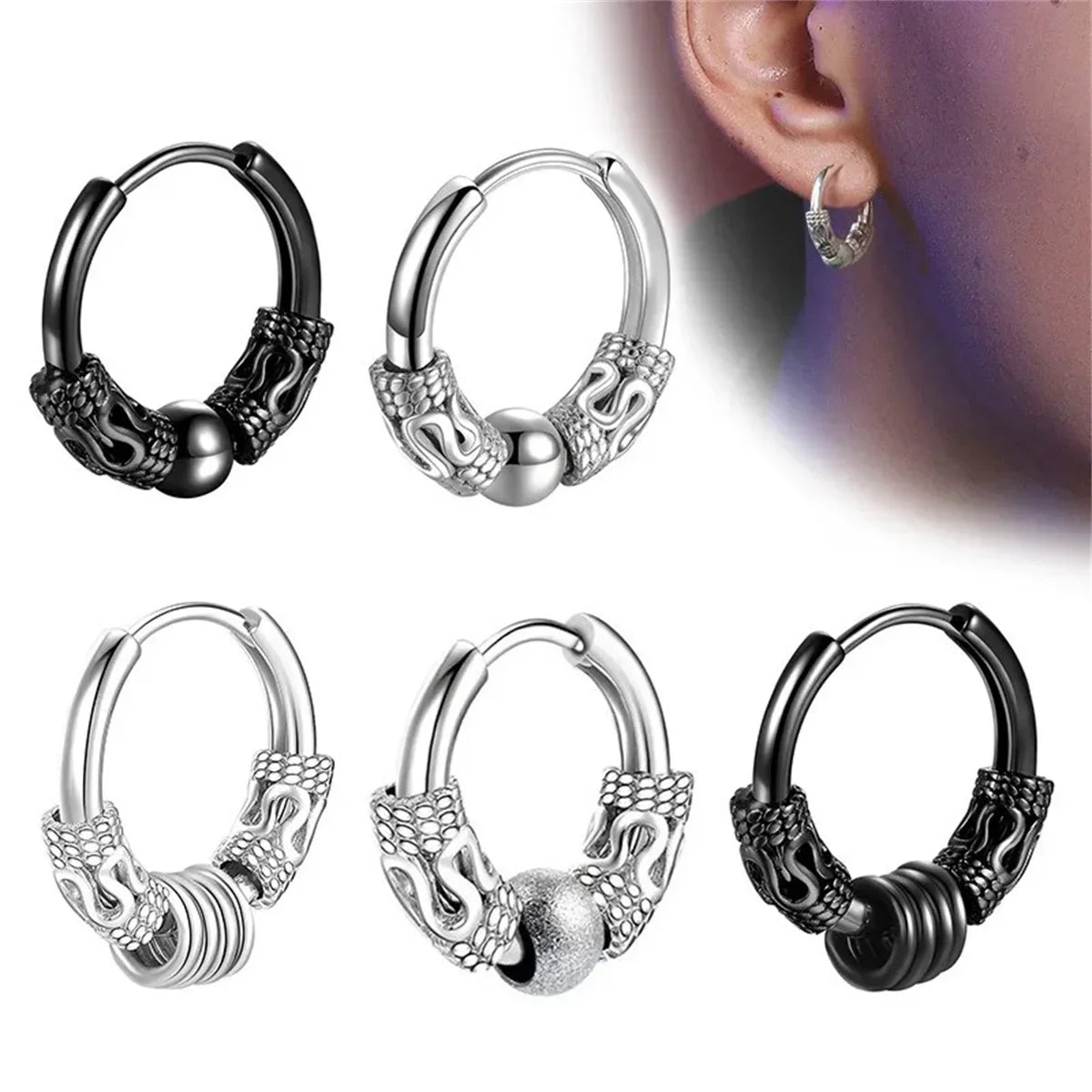 2/4pcs Stainless Steel Punk Hoop Earrings | Hip Hop Circle Totem Ear Piercing Jewelry for Men and Women