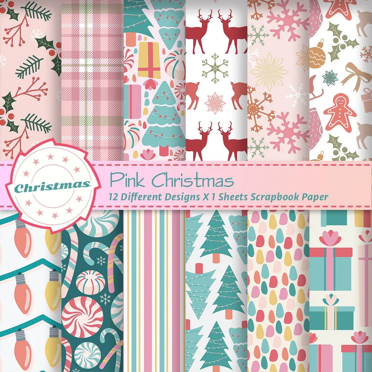 12pcs Retro Christmas Scrapbook Paper | Christmas Tree Design Single Sided DIY Craft Paper for Journal Card Making Gift Decoration