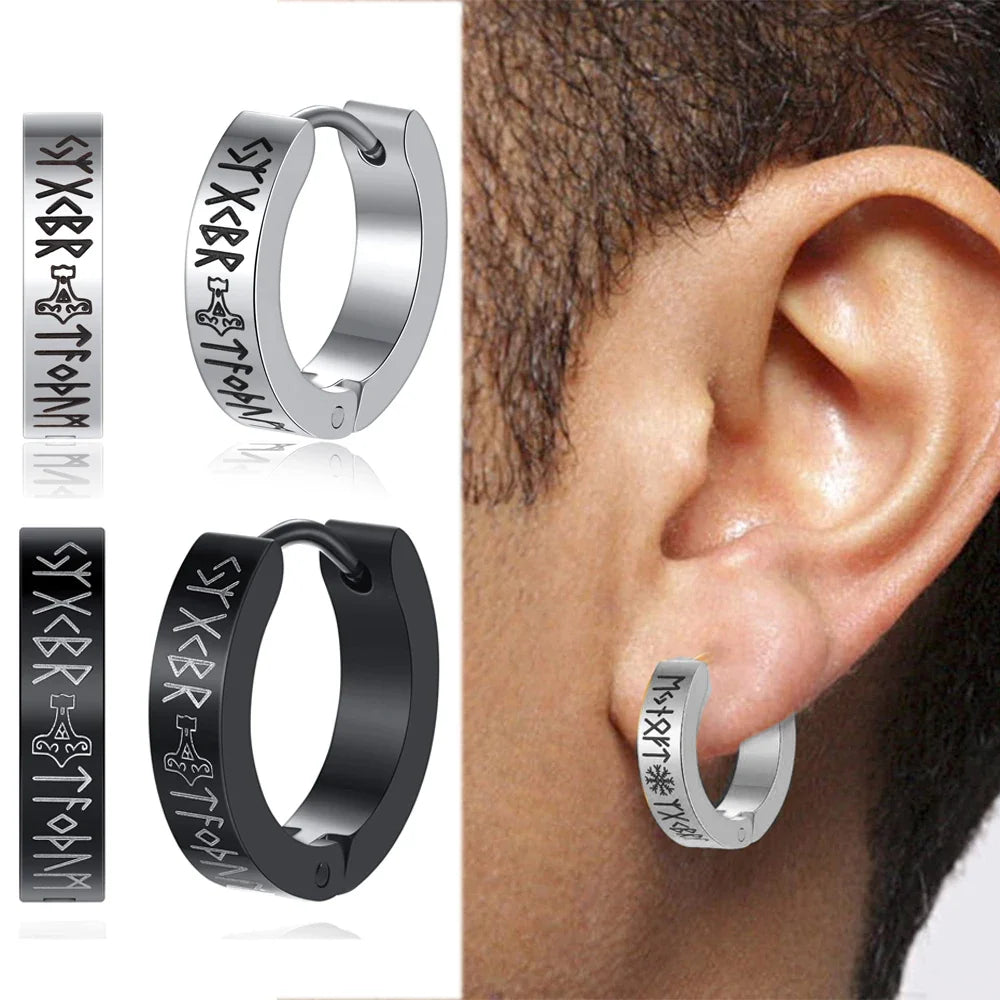Norse Viking Runes Hoop Earrings | Stainless Steel Huggie Earrings for Men and Women
