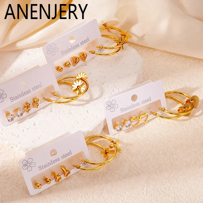 316L Stainless Steel 6 Piece Earring Set | Circle Heart Star Flower Pendant Earrings for Women