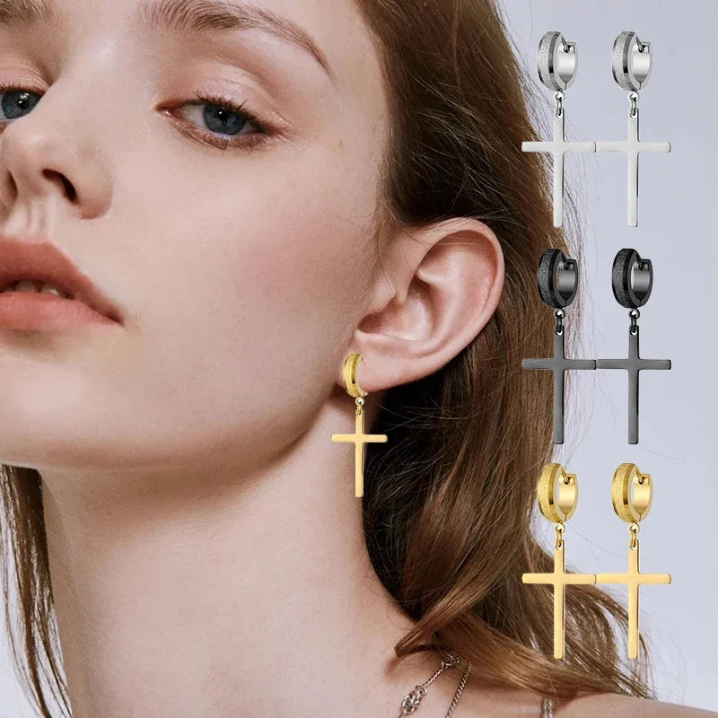 Stainless Steel Frosting Hoop Earrings | Punk Cross Dangle Earrings for Unisex