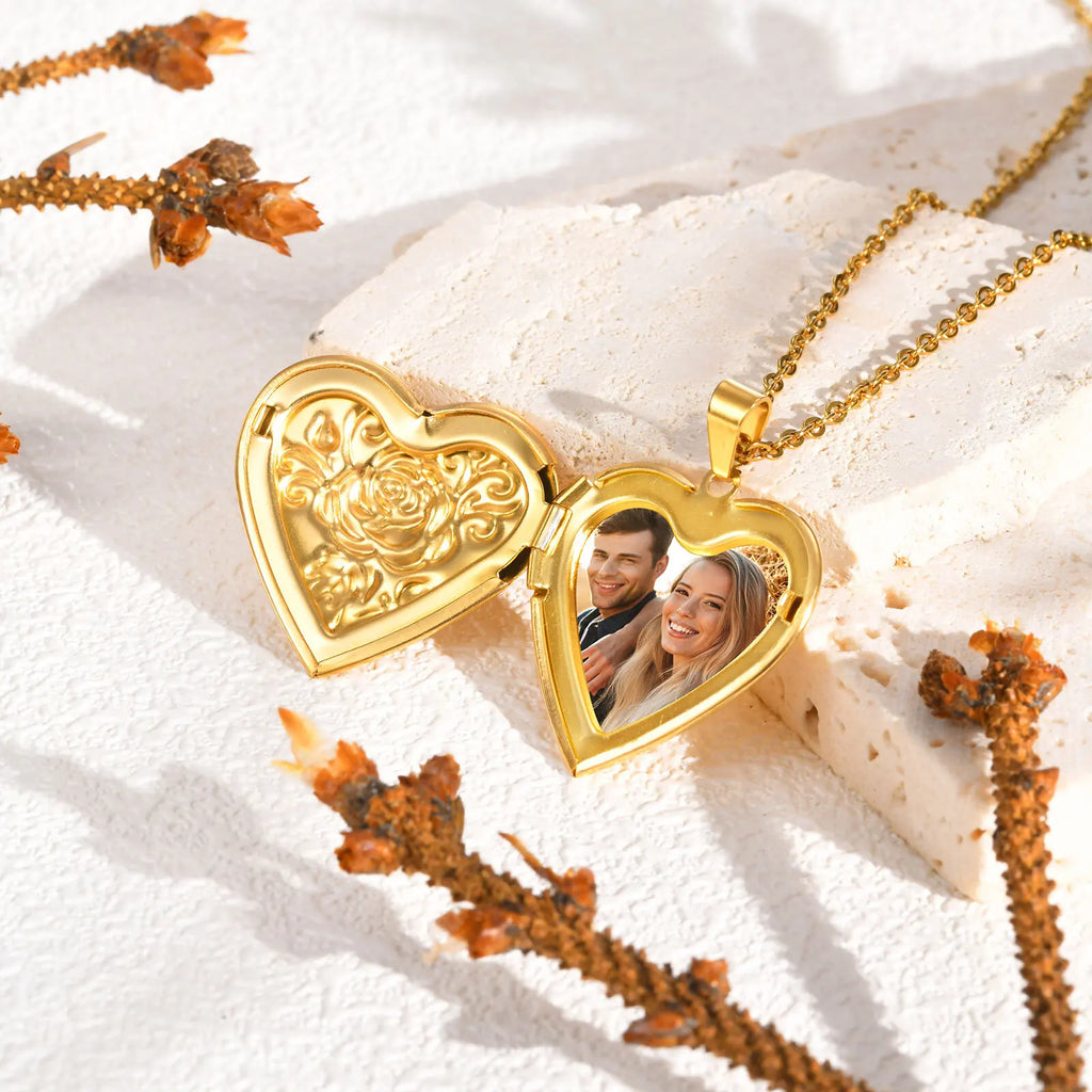 Gold Heart Locket Necklace with Photo Frame | Stainless Steel Jewelry for Women