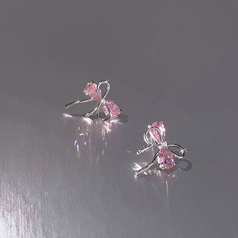 925 Sterling Silver Bow Pink Zircon Stud Earrings | Women's Wedding Fine Jewelry