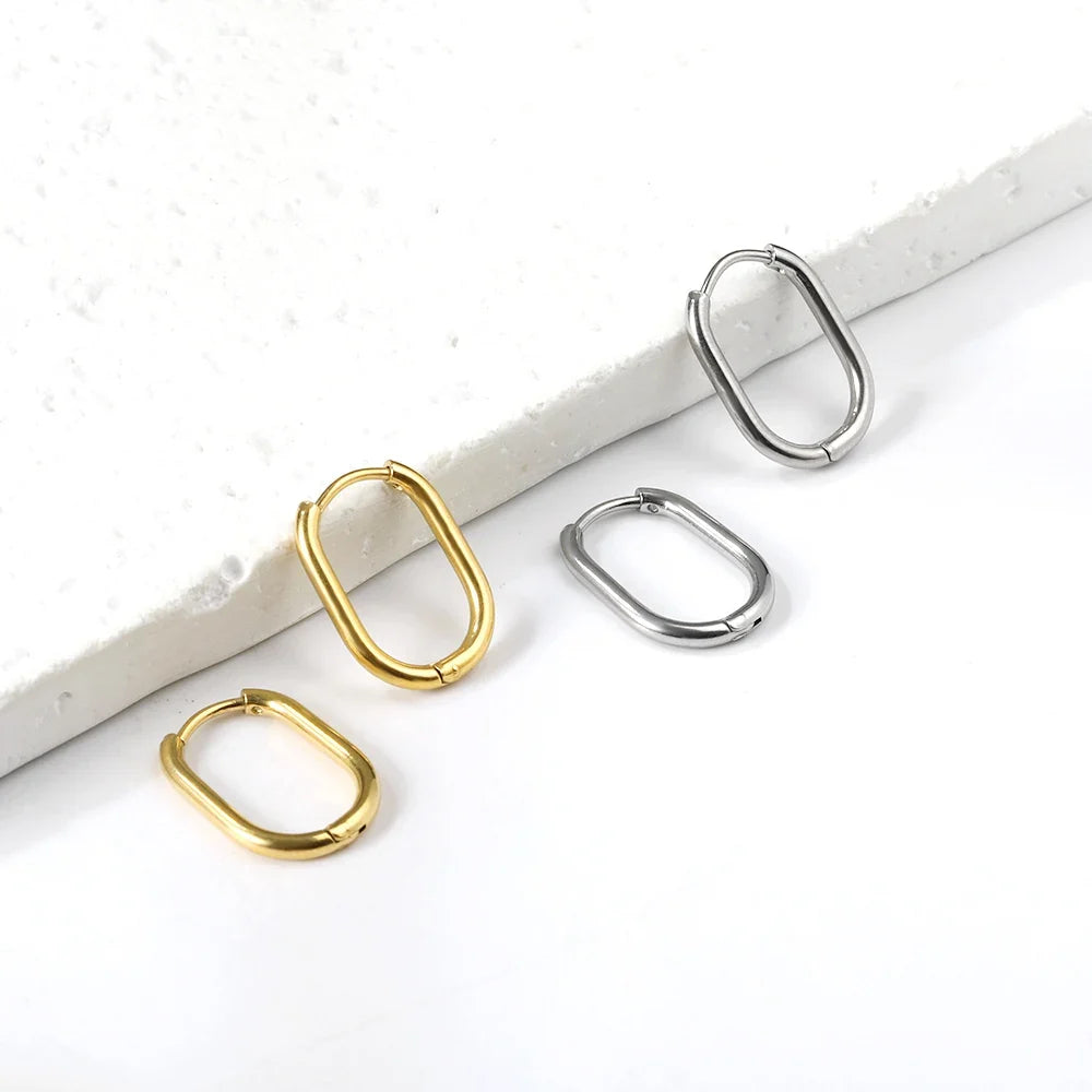 LUXUSTEEL Golden Plated Geometric Oval Hoop Earrings | Unisex Fashion Earrings