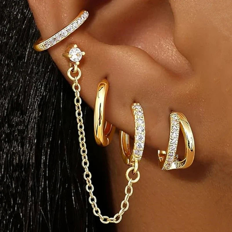 4PC Chain Huggie Earring Set | Flower Tragus Hoop Earrings for Women