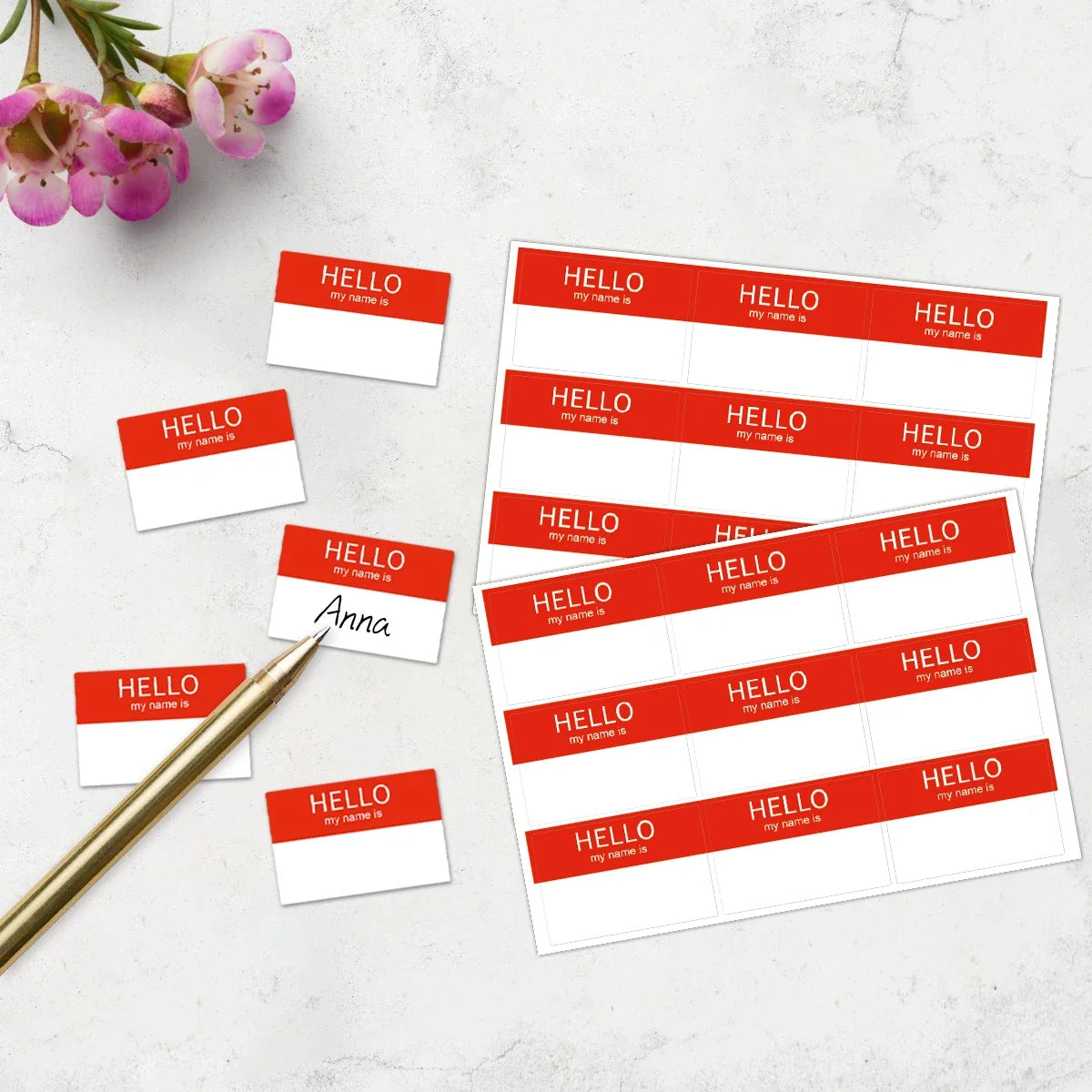10 Sheets Red Hello My Name Is Name Tag Stickers | Self-Adhesive Name Labels for Parties, Classrooms, and Office Events