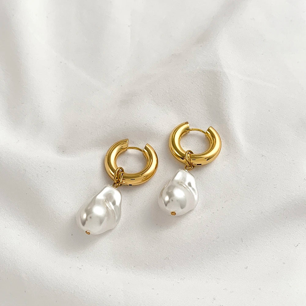 Trendy Asymmetry Pearl Drop Earrings | Stainless Steel Huggie Hoops for Women