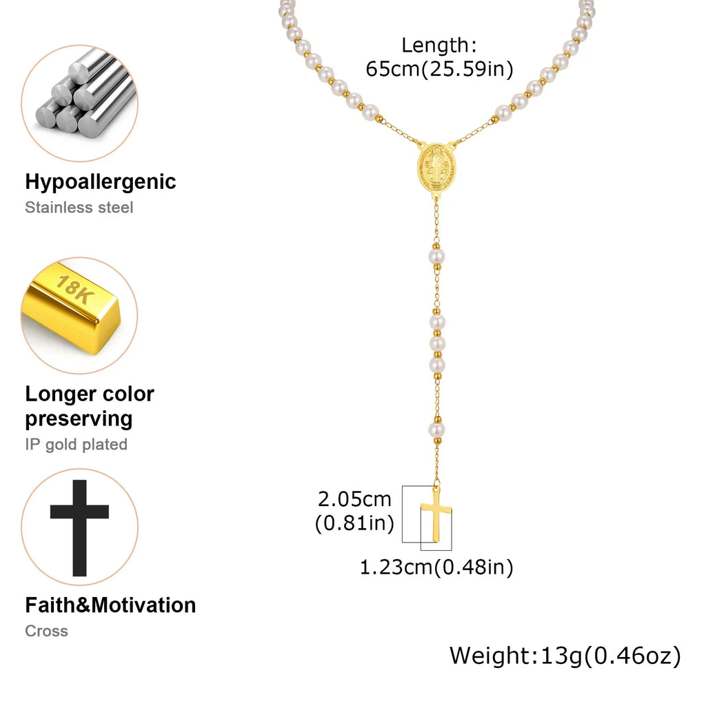Vnox Pearl Rosary Beaded Necklace | Virgin Mary Religious Cross Jewelry for Women