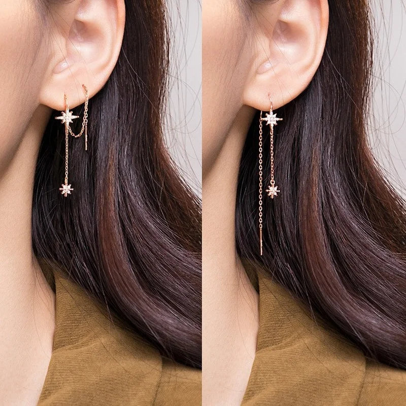 Silver Star Zircon Drop Earrings | Elegant Tassel Earrings for Women