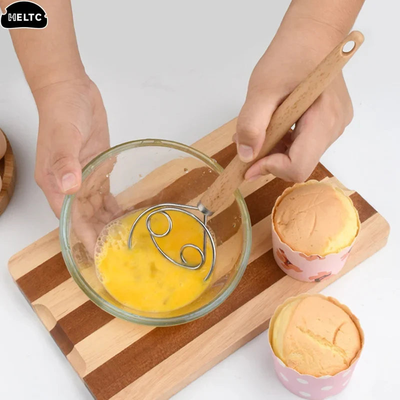 1PCS 10 Inch Creative Hand Blender DIY Danish Bread Stainless Steel Bakeware Dough Whisk Egg Beater Mixer Tool Wood Handle