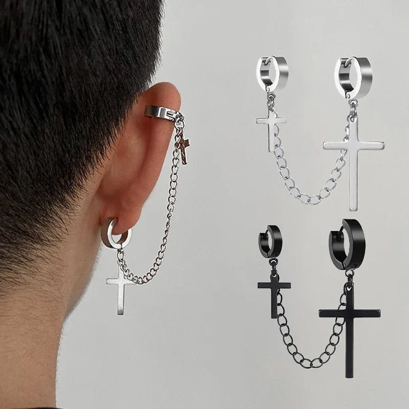 Punk Cross Tassel Earrings | Gothic Hip Hop Chain Stud Earrings