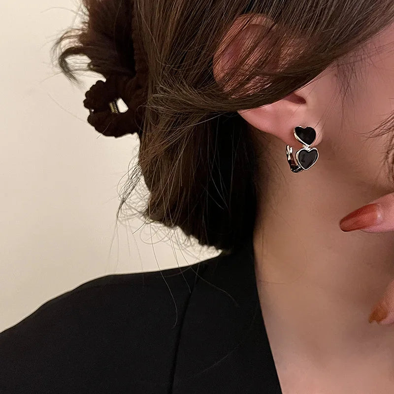 Vintage Goth Black Enamel Heart Stud Earrings | Dark Aesthetic Hollow Metal C-Shaped Jewelry