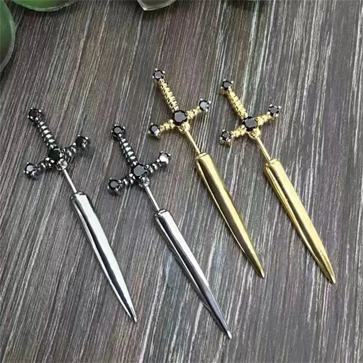 2pcs Gothic Sword Stud Earrings | Vintage Punk Crystal Dagger Ear Jewelry