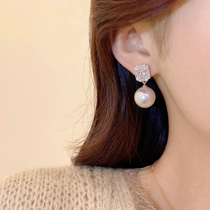 Gold Tone Pearl Drop Earrings | Shiny Crystal Pendant Jewelry