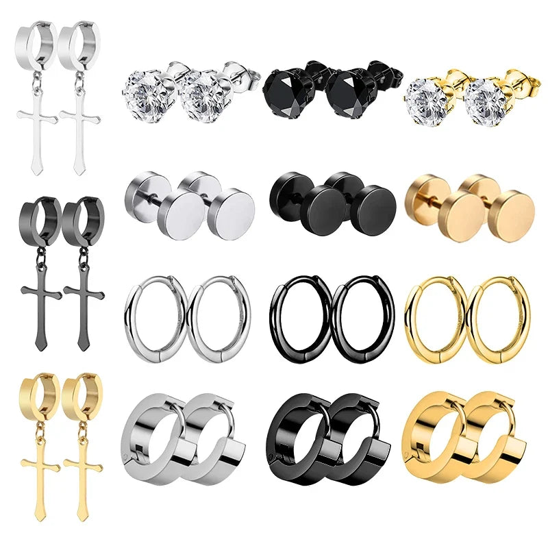 Punk Stainless Steel Stud Earrings Set | Unisex Gothic Hip Hop Ear Piercing Jewelry