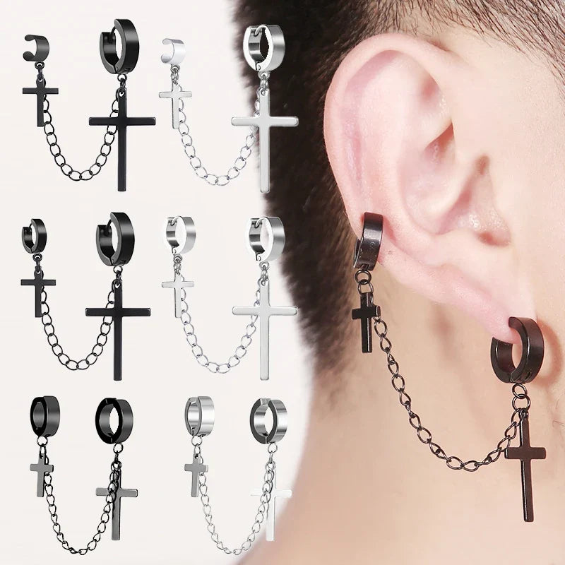 Punk Cross Tassel Earrings | Gothic Hip Hop Chain Stud Earrings