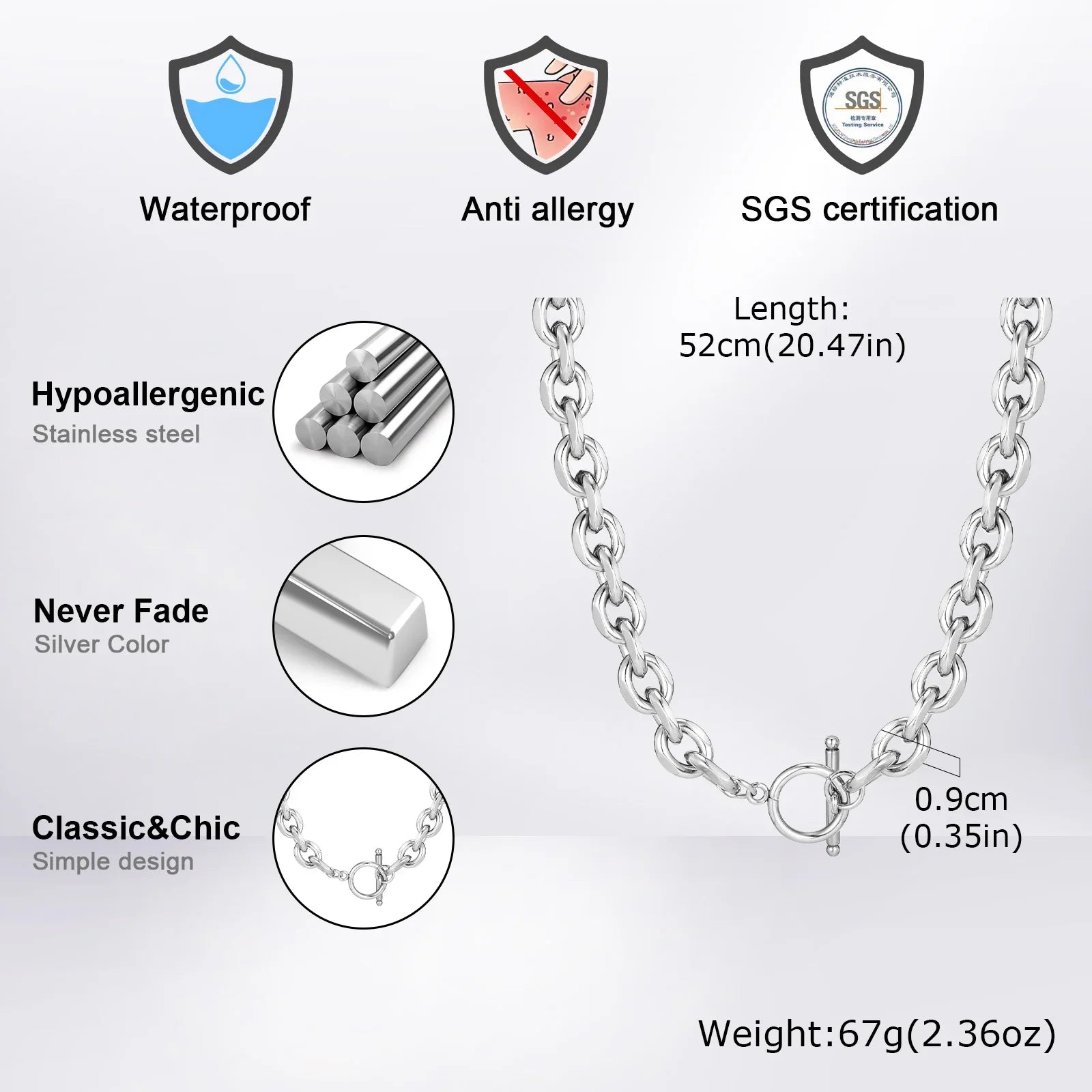 Vnox 9mm Chunky Chain Necklace | Thick Rolo Link Collar with Toggle Clasp