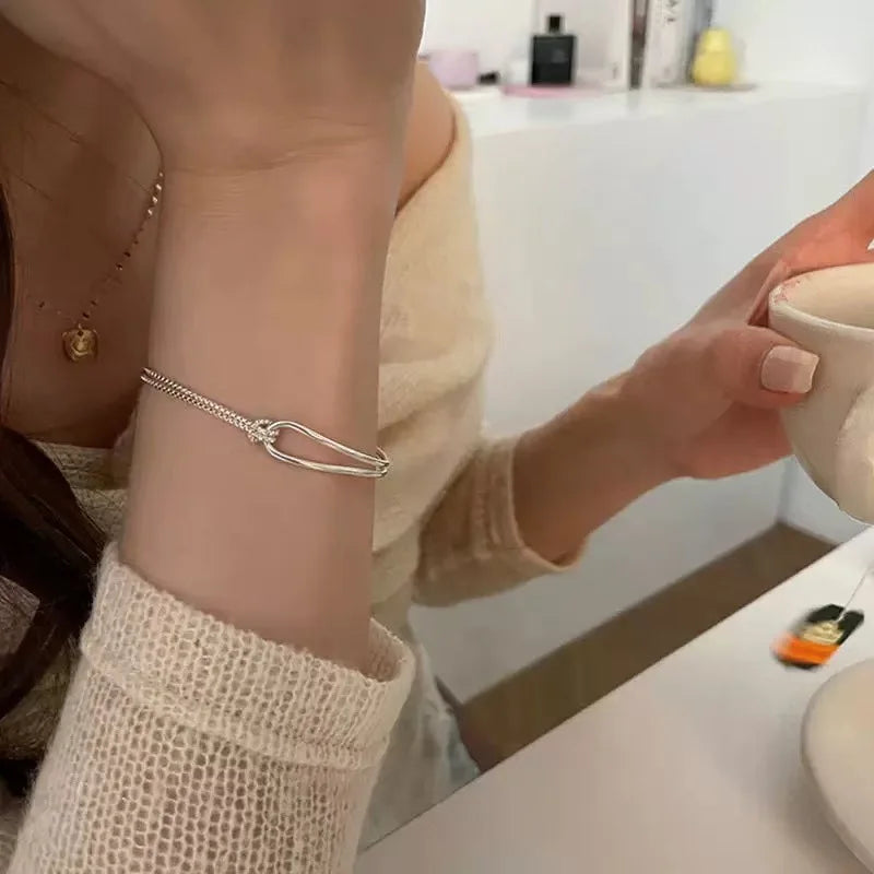 925 Sterling Silver Bracelet | Light Luxury Minimalist Half-Bangle Half-Chain Jewelry