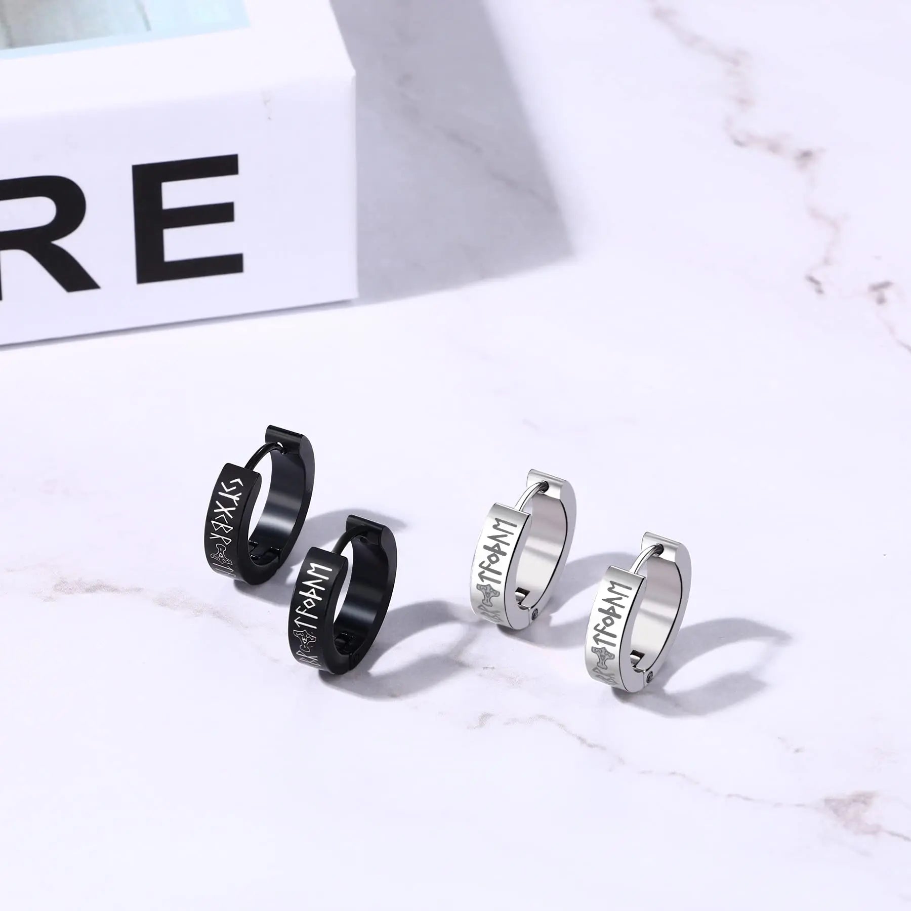 Norse Viking Runes Hoop Earrings | Stainless Steel Huggie Earrings for Men and Women