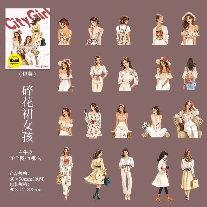 20pcs Fashion Girl Wear Stickers Set | Trendy Character Decals for Laptop Scrapbooking Diary DIY Collage Junk Journal