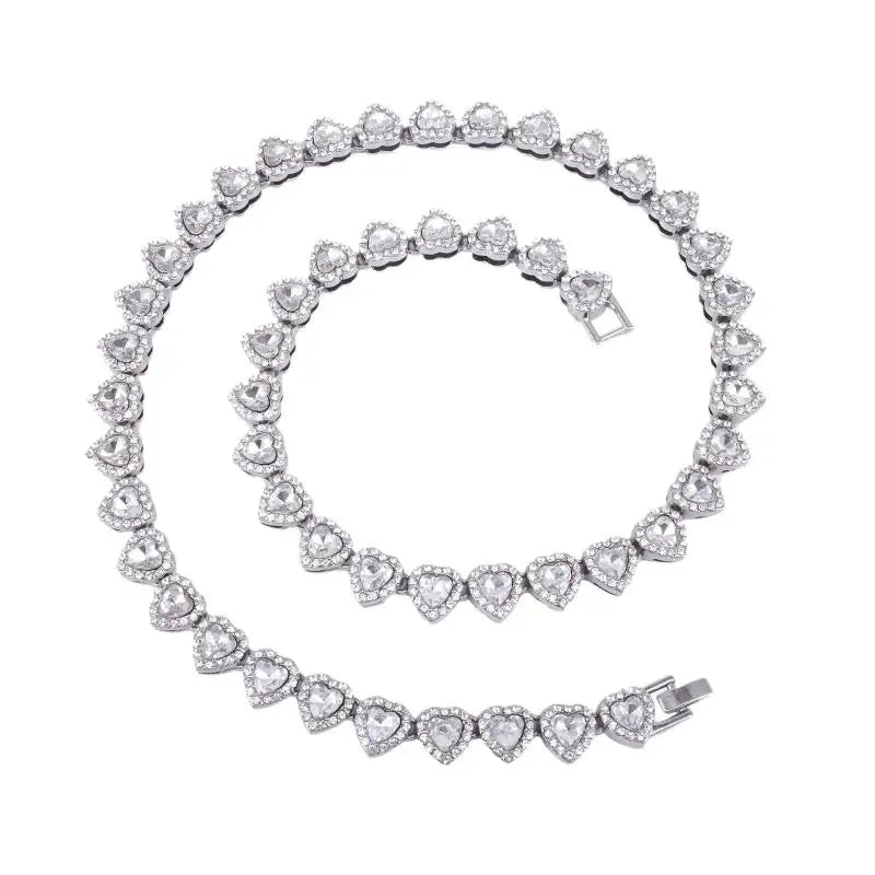 Shiny Heart Rhinestone Hip Hop Chain Necklace and Bracelet Set | Hip Hop Jewelry