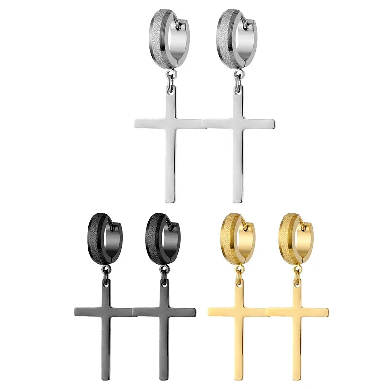 Stainless Steel Frosting Hoop Earrings | Punk Cross Dangle Earrings for Unisex