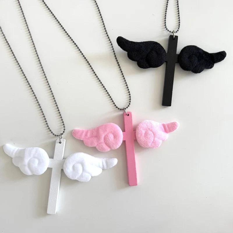 Pink Wing Cross Pendant Necklace | Y2K Gothic Jewelry for Women