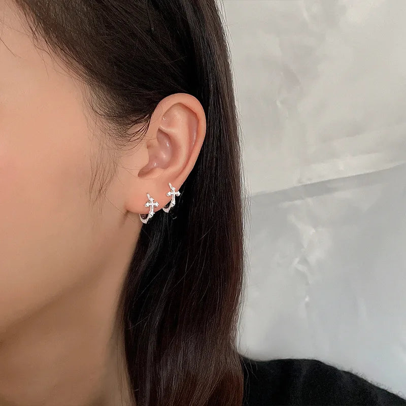 Silver Cross Hoop Earrings for Men and Women | Unisex CZ Crystal Punk Earrings