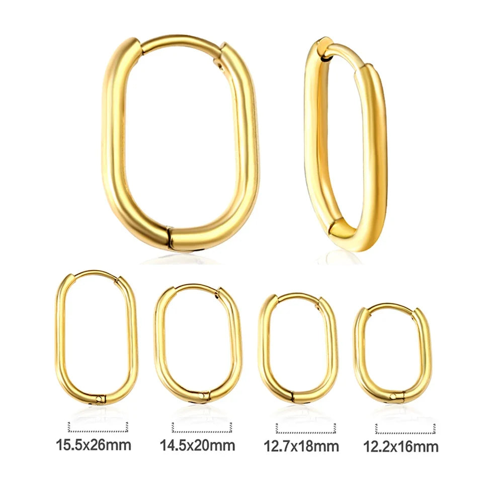 LUXUSTEEL Golden Plated Geometric Oval Hoop Earrings | Unisex Fashion Earrings