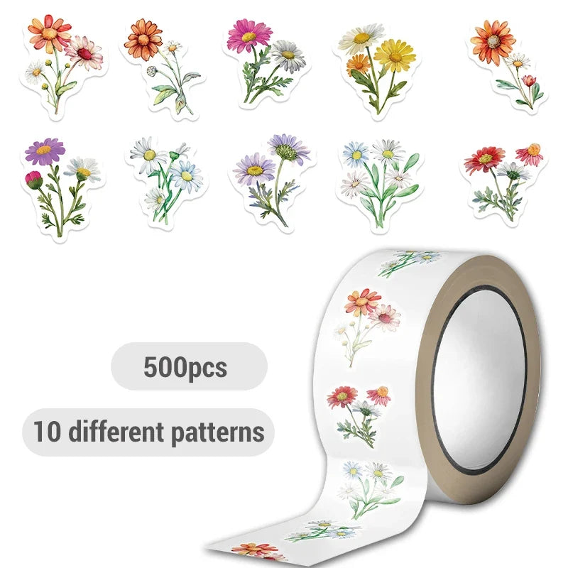 500PCS Daisy Stickers Roll | Cute Flower Decals for Water Bottles and Scrapbooking