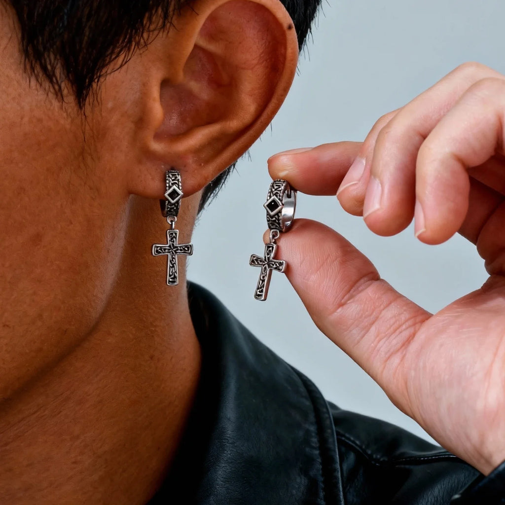 Vintage Celtic Knot Cross Hoop Earrings for Men | Anti Allergy Black Square Zircon Drop Earrings