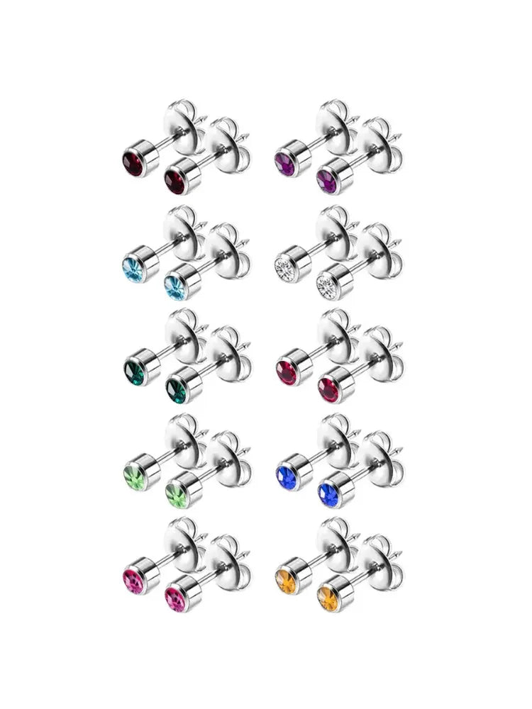 10pairs Colorful Rhinestone Stud Earrings Set | Stainless Steel Body Jewelry