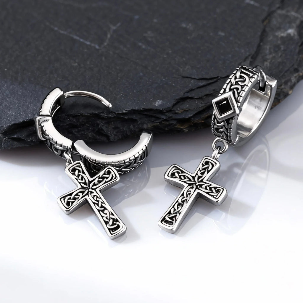 Vintage Celtic Knot Cross Hoop Earrings for Men | Anti Allergy Black Square Zircon Drop Earrings