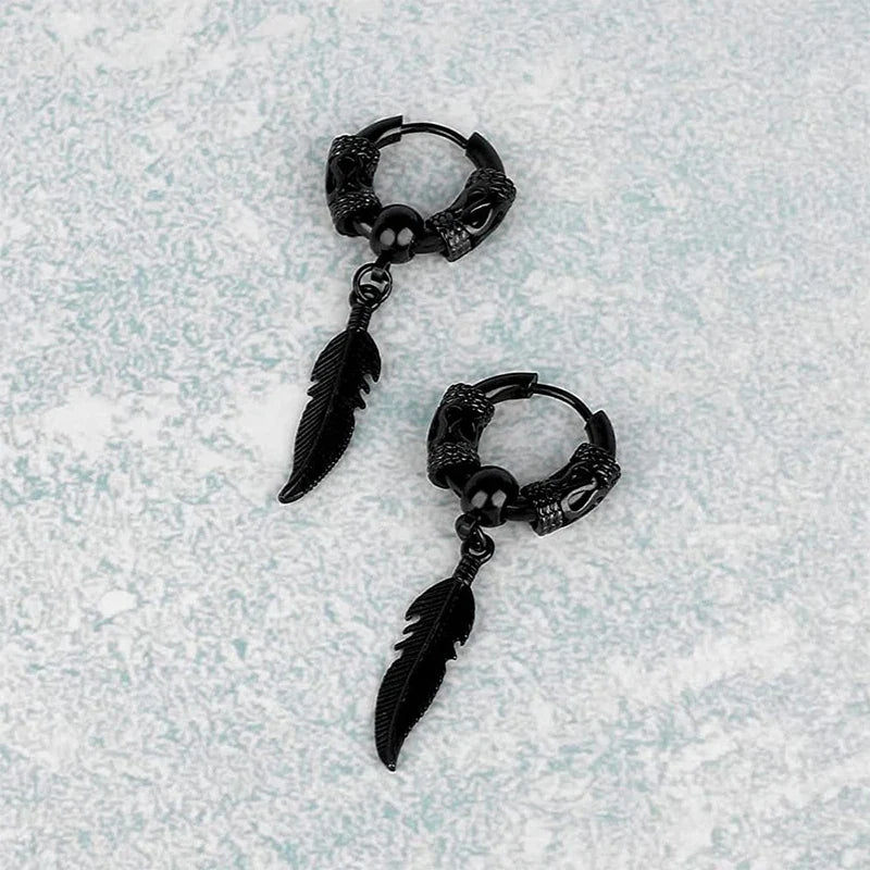2Pcs Stainless Steel Feather Leaf Coil Earrings Set | Unisex Punk Hoop and Stud Jewelry