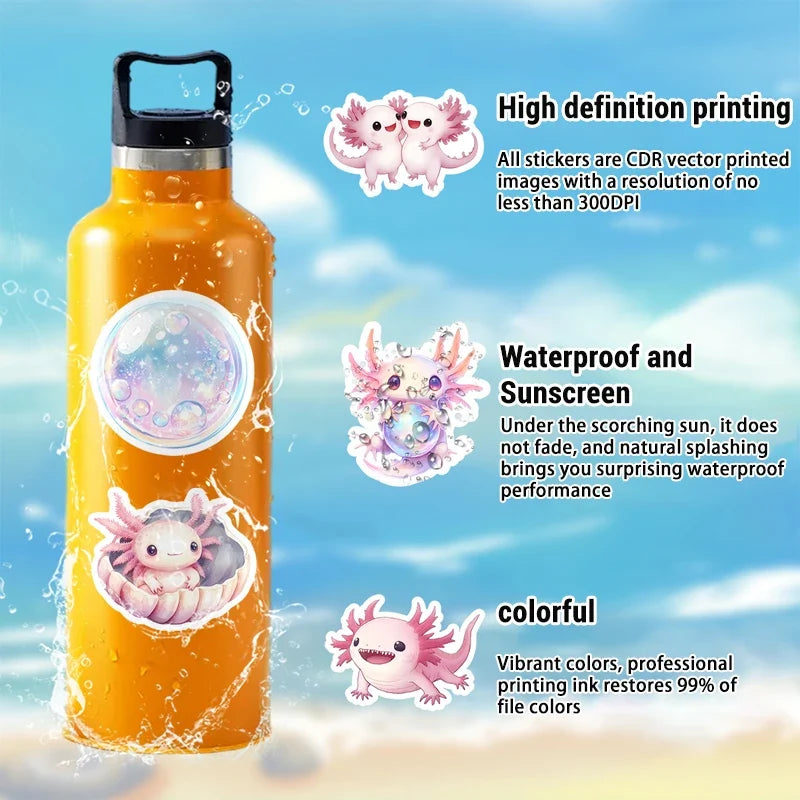 50 Cute Pink Axolotl Stickers | Waterproof Vinyl Animal Decals for Laptop, Water Bottle, and Phone
