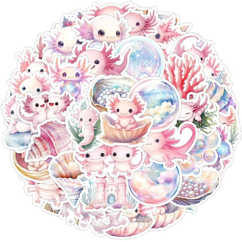 50 Cute Pink Axolotl Stickers | Waterproof Vinyl Animal Decals for Laptop, Water Bottle, and Phone